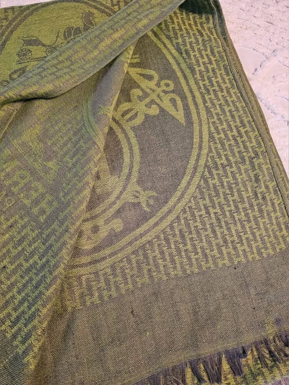 Olive Green Hermès Libris Cashmere & Silk Jacquard Scarf/Stole